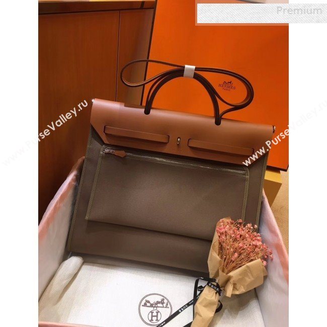 Hermes Herbag 31cm PM Double-Canvas Shoulder Bag Elephant Grey/Brown (JIMMY-0010847)