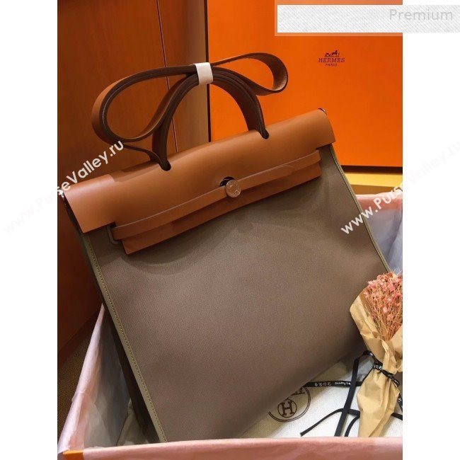 Hermes Herbag 31cm PM Double-Canvas Shoulder Bag Elephant Grey/Brown (JIMMY-0010847)