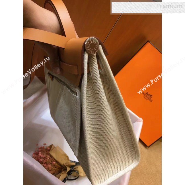 Hermes Herbag 31cm PM Cotton Linen Shoulder Bag Apricot/Light Coffee (JIMMY-0010852)