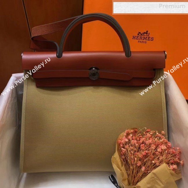 Hermes Herbag 31cm PM Double-Canvas Shoulder Bag Camel/Dark Coffee (JIMMY-0010853)