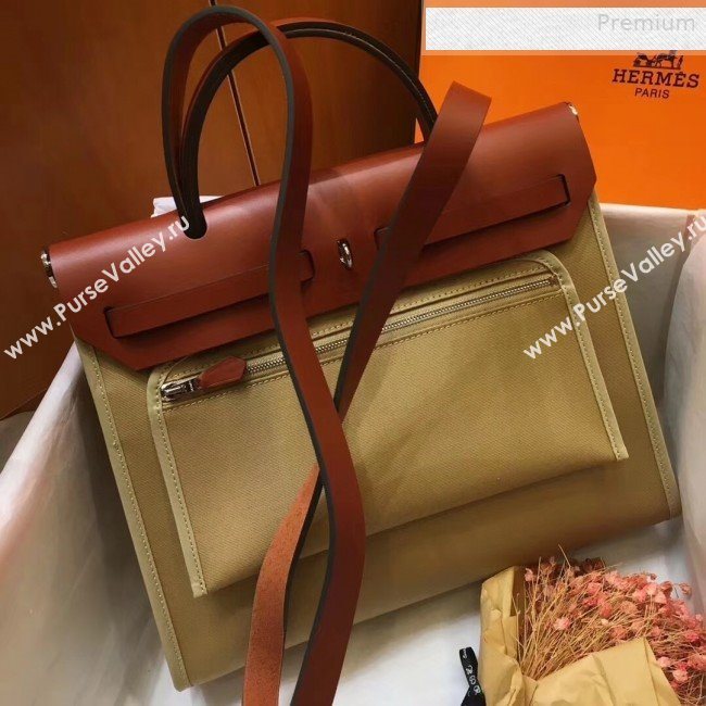 Hermes Herbag 31cm PM Double-Canvas Shoulder Bag Camel/Dark Coffee (JIMMY-0010853)