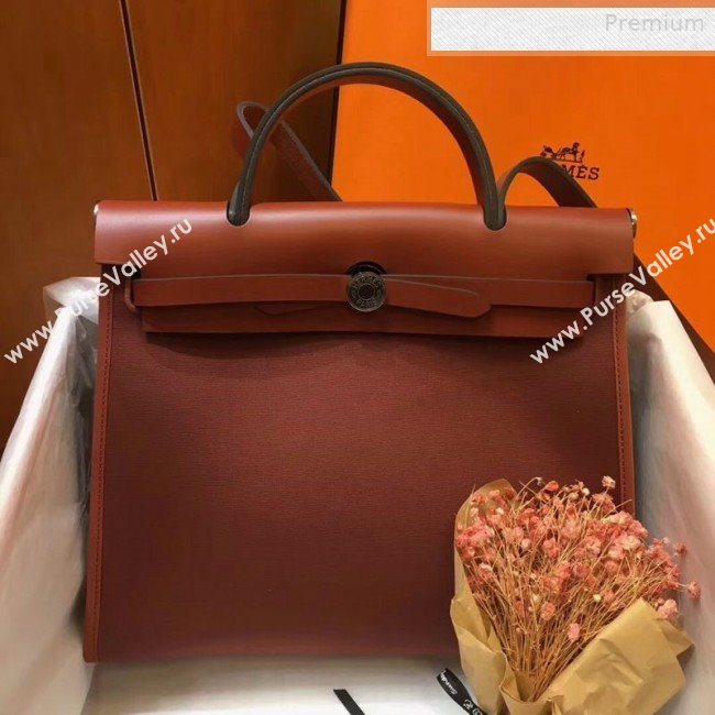 Hermes Herbag 31cm PM Double-Canvas Shoulder Bag Rust Red/Dark Coffee (JIMMY-0010854)