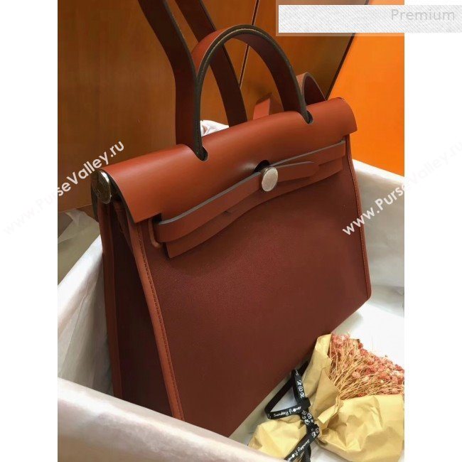 Hermes Herbag 31cm PM Double-Canvas Shoulder Bag Rust Red/Dark Coffee (JIMMY-0010854)