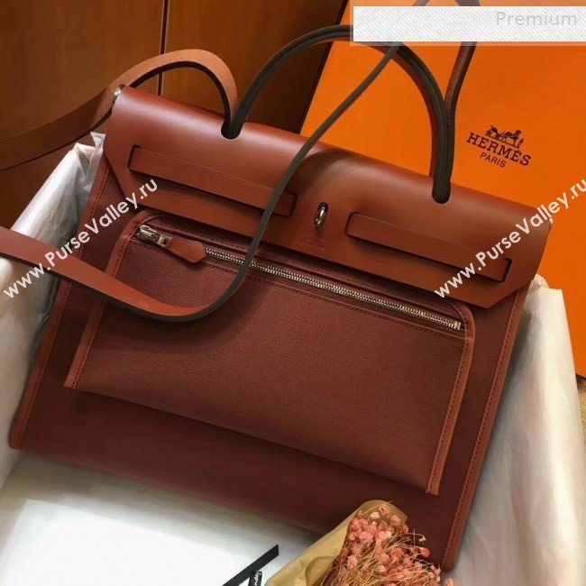 Hermes Herbag 31cm PM Double-Canvas Shoulder Bag Rust Red/Dark Coffee (JIMMY-0010854)