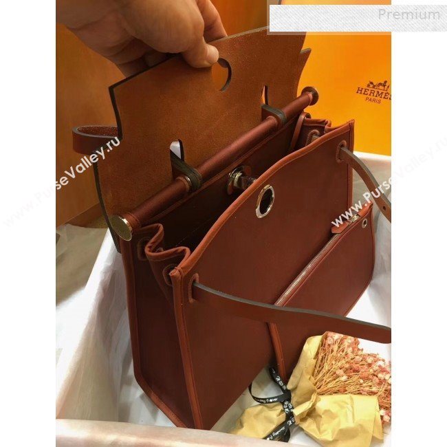 Hermes Herbag 31cm PM Double-Canvas Shoulder Bag Rust Red/Dark Coffee (JIMMY-0010854)