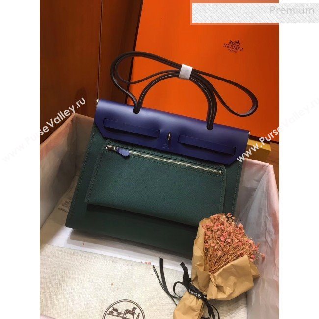 Hermes Herbag 31cm PM Double-Canvas Shoulder Bag Dark Green/Royal Blue (JIMMY-0010856)