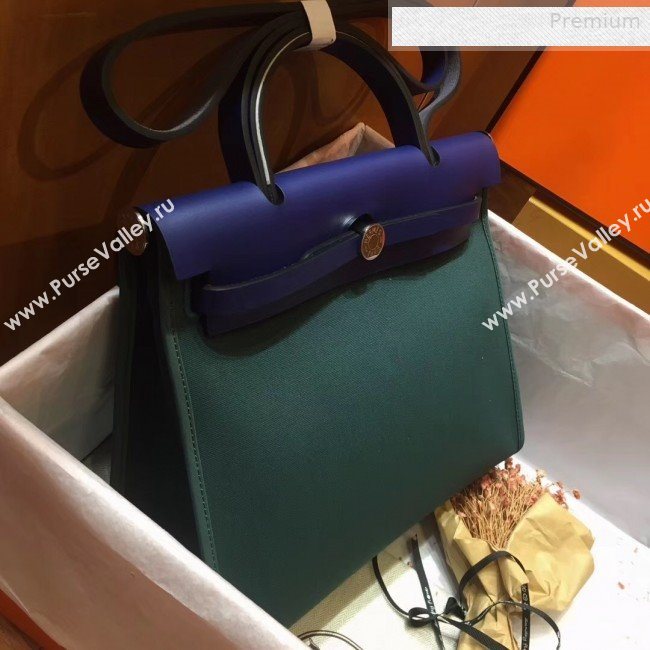 Hermes Herbag 31cm PM Double-Canvas Shoulder Bag Dark Green/Royal Blue (JIMMY-0010856)