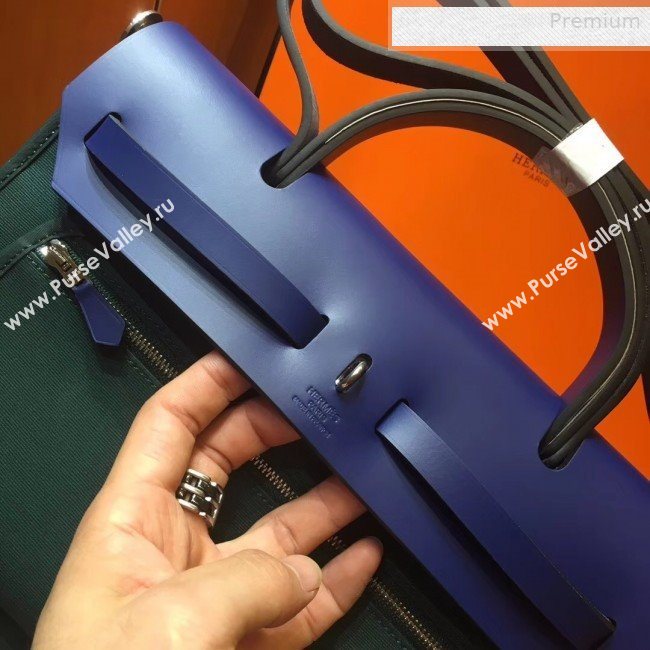 Hermes Herbag 31cm PM Double-Canvas Shoulder Bag Dark Green/Royal Blue (JIMMY-0010856)