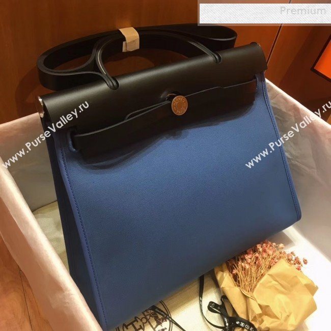 Hermes Herbag 31cm PM Double-Canvas Shoulder Bag Turkey Blue/Black (JIMMY-0010857)