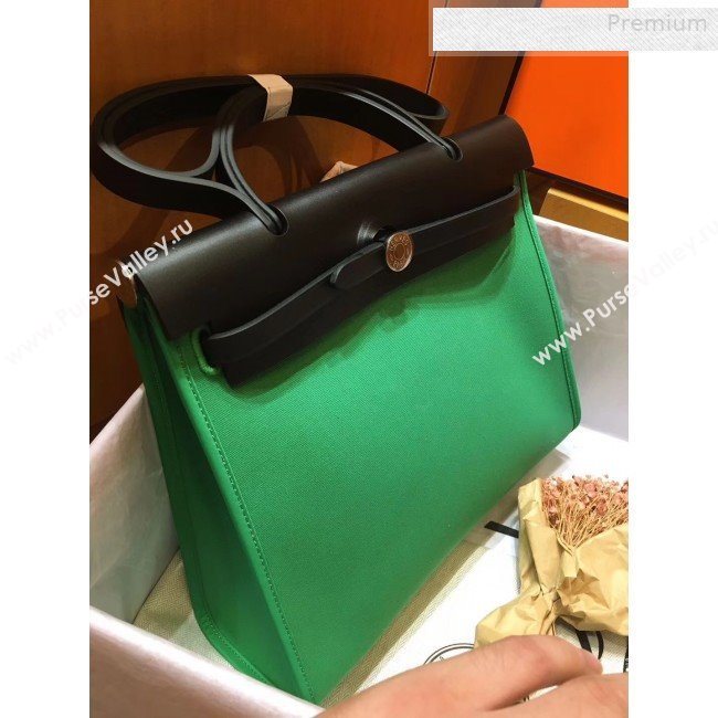 Hermes Herbag 31cm PM Double-Canvas Shoulder Bag Bright Green/Black (JIMMY-0010858)