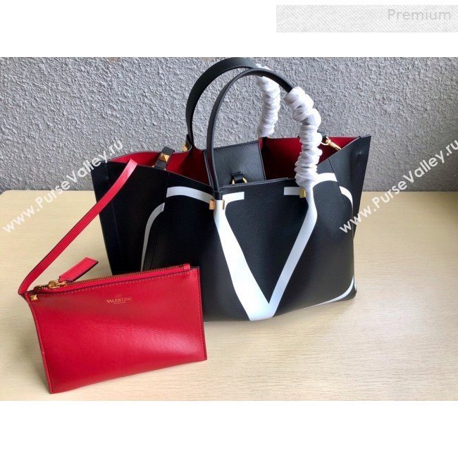Valentino Medium VLOGO Shopping Tote Bag with Inlay Detail 0099 Black/White 2019 (JD-0011008)