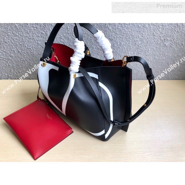 Valentino Medium VLOGO Shopping Tote Bag with Inlay Detail 0099 Black/White 2019 (JD-0011008)