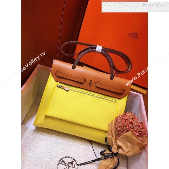 Hermes Herbag 31cm PM Double-Canvas Shoulder Bag Yellow/Mid-Coffee (JIMMY-0010860)