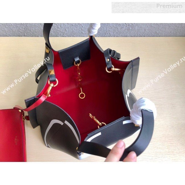 Valentino Medium VLOGO Shopping Tote Bag with Inlay Detail 0099 Black/White 2019 (JD-0011008)