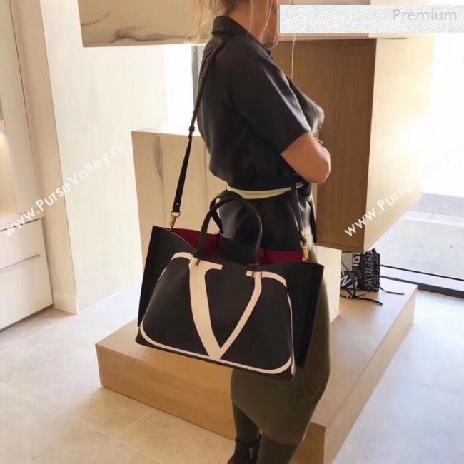 Valentino Medium VLOGO Shopping Tote Bag with Inlay Detail 0099 Black/White 2019 (JD-0011008)