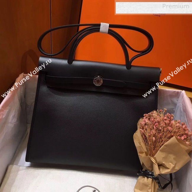 Hermes Herbag 31cm PM Double-Canvas and Linen Shoulder Bag Black (JIMMY-0010862)