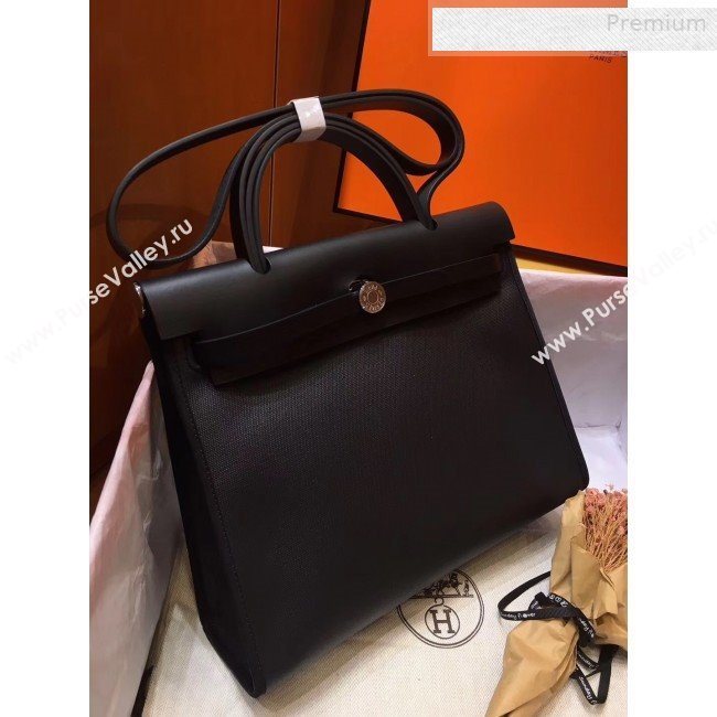 Hermes Herbag 31cm PM Double-Canvas and Linen Shoulder Bag Black (JIMMY-0010862)