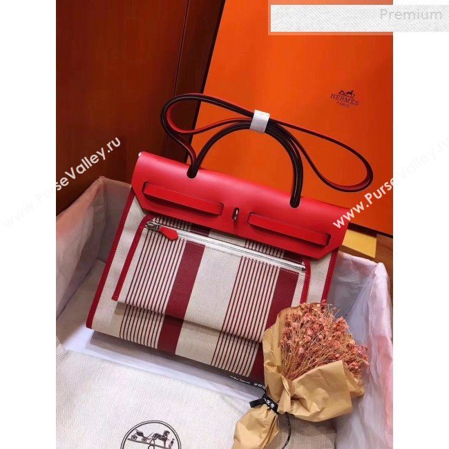 Hermes Herbag 31cm PM Striped Linen Shoulder Bag Red (JIMMY-0010863)