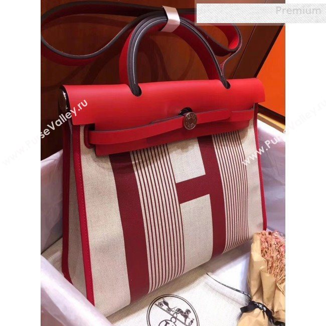 Hermes Herbag 31cm PM Striped Linen Shoulder Bag Red (JIMMY-0010863)