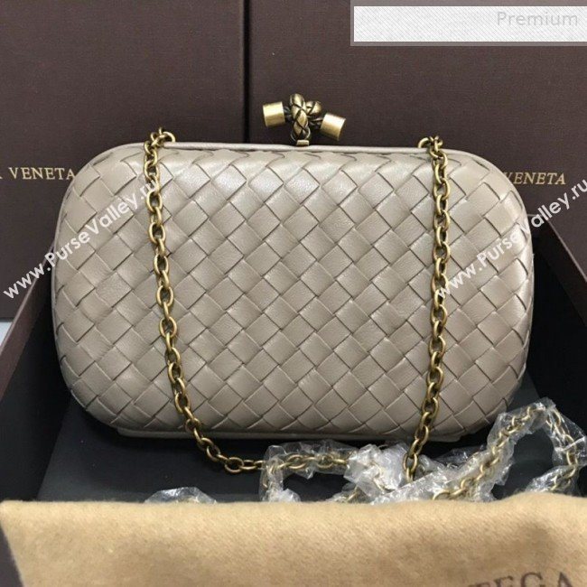 Bottega Veneta Knot Woven Lambskin Clutch with Chain Light Grey 2019 (MS-0011020)