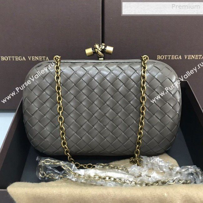 Bottega Veneta Knot Woven Lambskin Clutch with Chain Dark Grey 2019 (MS-0011021)