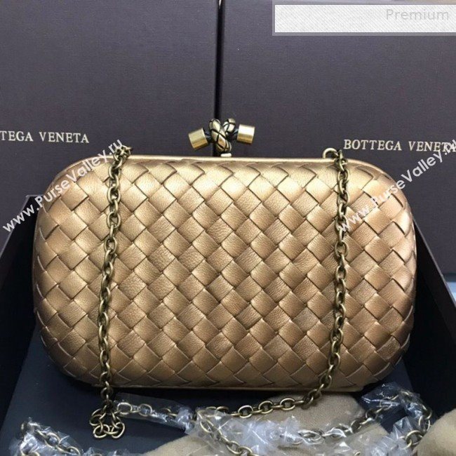 Bottega Veneta Knot Woven Lambskin Clutch with Chain Gold 02 2019 (MS-0011017)