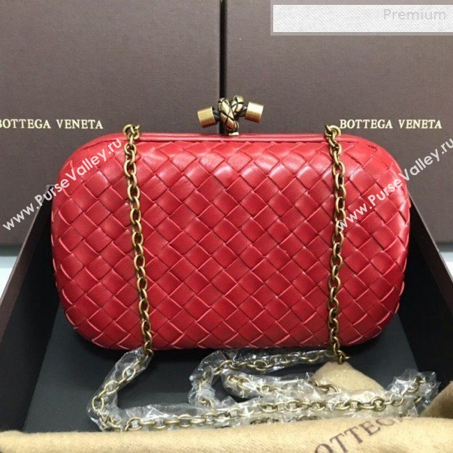 Bottega Veneta Knot Woven Lambskin Clutch with Chain Red 2019 (MS-0011010)