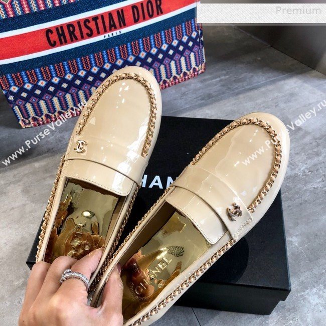 Chanel Patent Leather Chain Flat Loafers G35631 Beige 2020 (DLY-0011036)