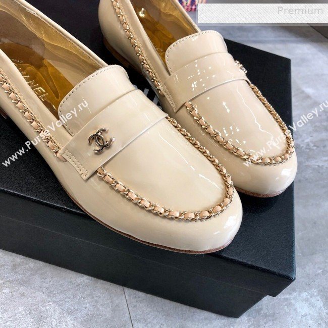 Chanel Patent Leather Chain Flat Loafers G35631 Beige 2020 (DLY-0011036)