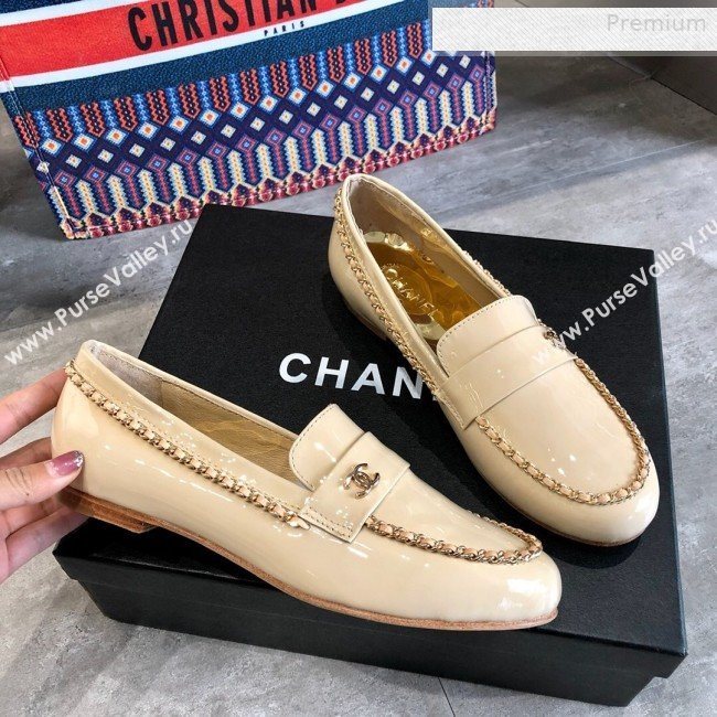 Chanel Patent Leather Chain Flat Loafers G35631 Beige 2020 (DLY-0011036)