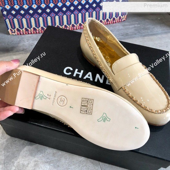 Chanel Patent Leather Chain Flat Loafers G35631 Beige 2020 (DLY-0011036)