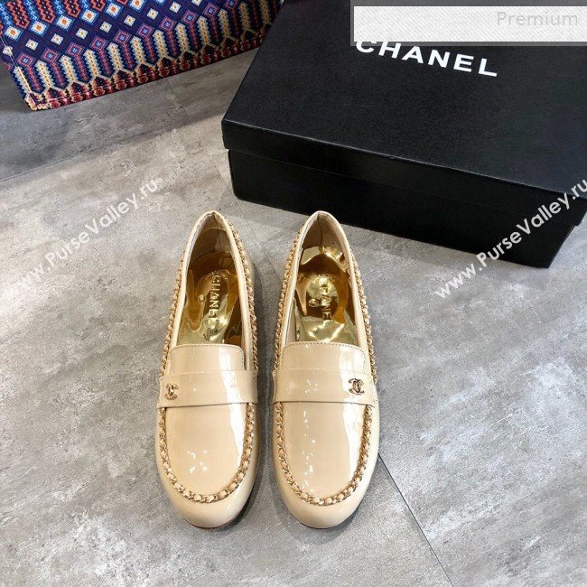 Chanel Patent Leather Chain Flat Loafers G35631 Beige 2020 (DLY-0011036)