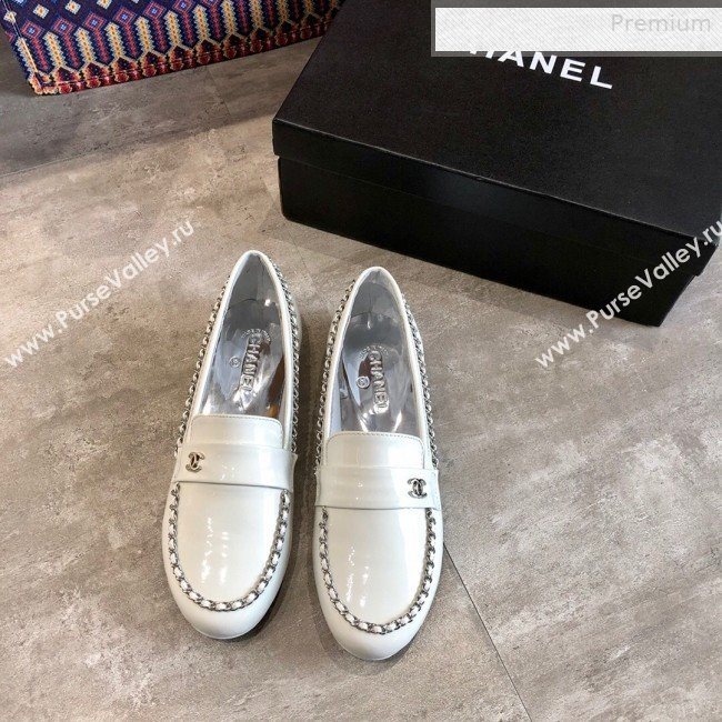 Chanel Patent Leather Chain Flat Loafers G35631 White 2020 (DLY-0011035)