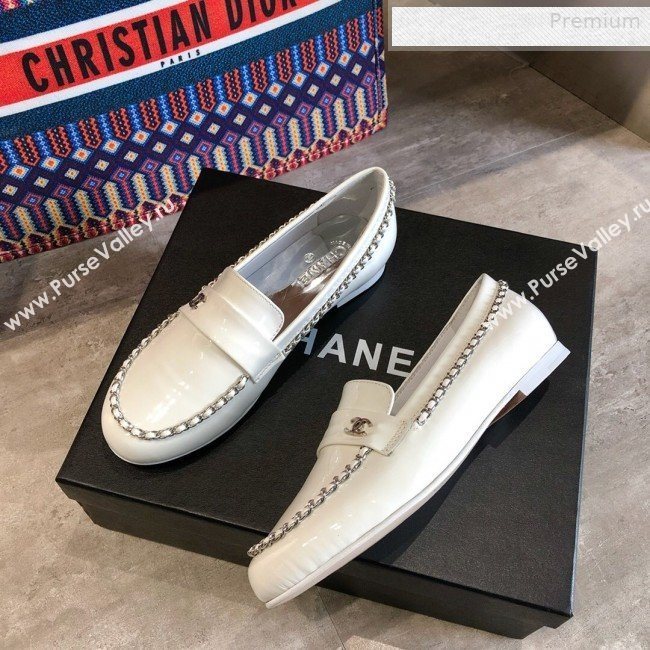 Chanel Patent Leather Chain Flat Loafers G35631 White 2020 (DLY-0011035)