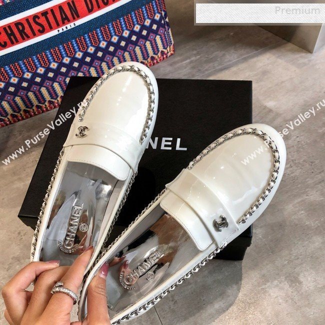 Chanel Patent Leather Chain Flat Loafers G35631 White 2020 (DLY-0011035)