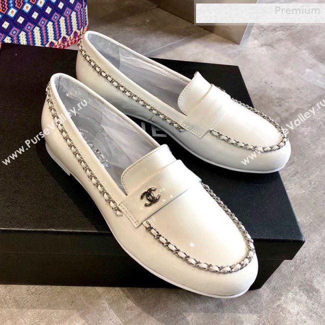 Chanel Patent Leather Chain Flat Loafers G35631 White 2020 (DLY-0011035)