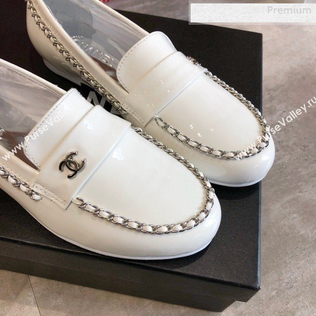 Chanel Patent Leather Chain Flat Loafers G35631 White 2020 (DLY-0011035)