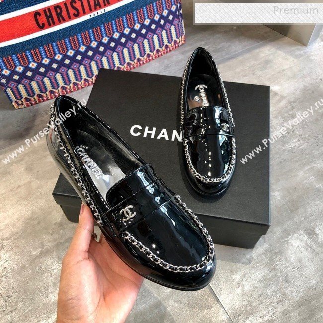 Chanel Patent Leather Chain Flat Loafers G35631 Black 2020 (DLY-0011037)