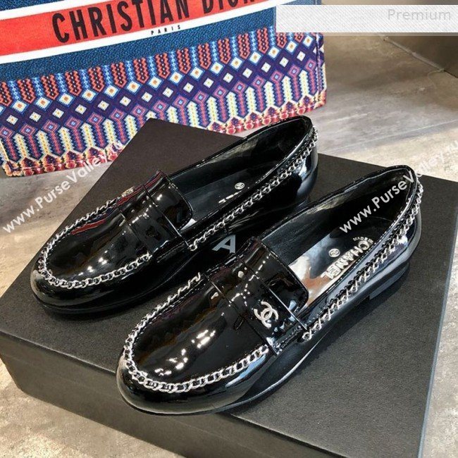 Chanel Patent Leather Chain Flat Loafers G35631 Black 2020 (DLY-0011037)