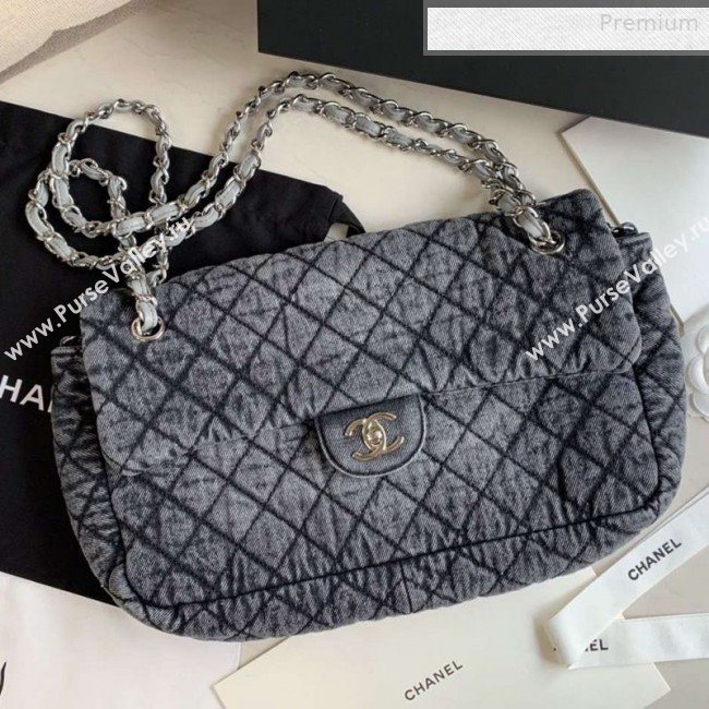 Chanel Quilted Denim Large Flap Bag Light Gray 2020 (XING-0010202)