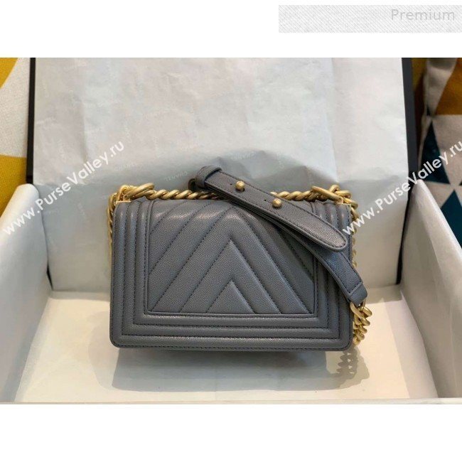 Chanel Chevron Grained Calfskin Small Boy Flap Bag A67085 Gray/Bright Gold 2019 (SMJD-0010208)