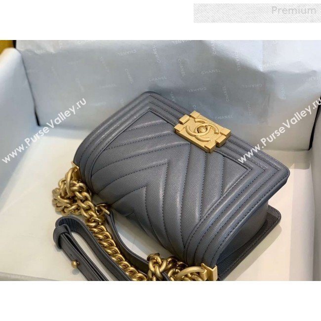 Chanel Chevron Grained Calfskin Small Boy Flap Bag A67085 Gray/Bright Gold 2019 (SMJD-0010208)