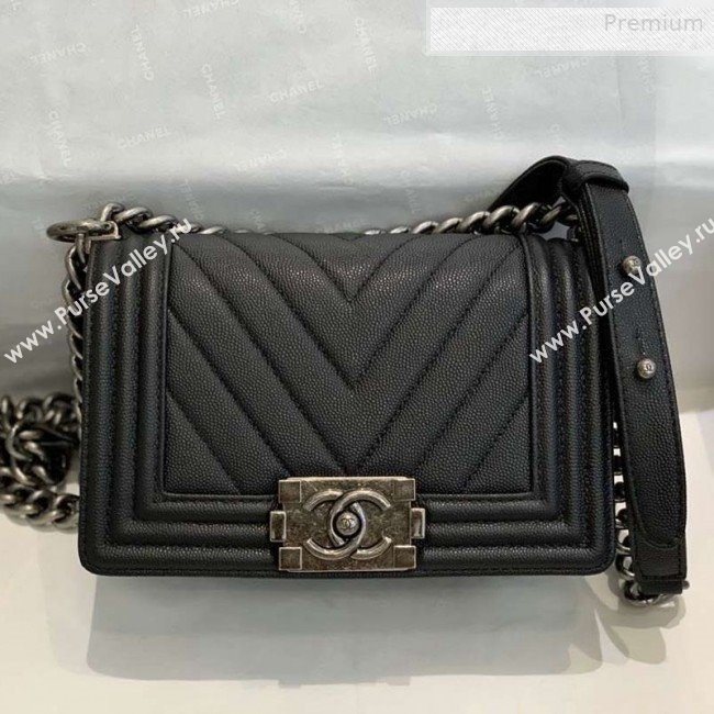Chanel Chevron Grained Calfskin Small Boy Flap Bag A67085 Black/Vintage Silver 2019 (SMJD-0010213)