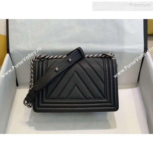 Chanel Chevron Grained Calfskin Small Boy Flap Bag A67085 Black/Vintage Silver 2019 (SMJD-0010213)