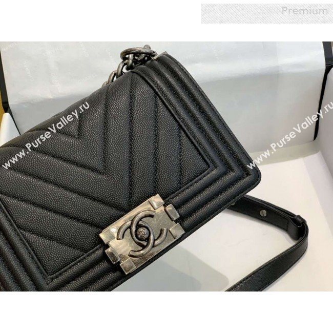 Chanel Chevron Grained Calfskin Small Boy Flap Bag A67085 Black/Vintage Silver 2019 (SMJD-0010213)