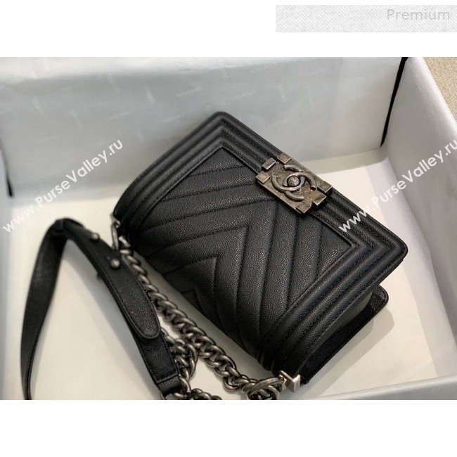 Chanel Chevron Grained Calfskin Small Boy Flap Bag A67085 Black/Vintage Silver 2019 (SMJD-0010213)
