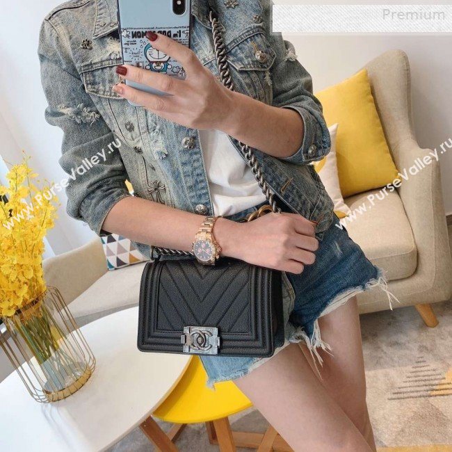 Chanel Chevron Grained Calfskin Small Boy Flap Bag A67085 Black/Vintage Silver 2019 (SMJD-0010213)