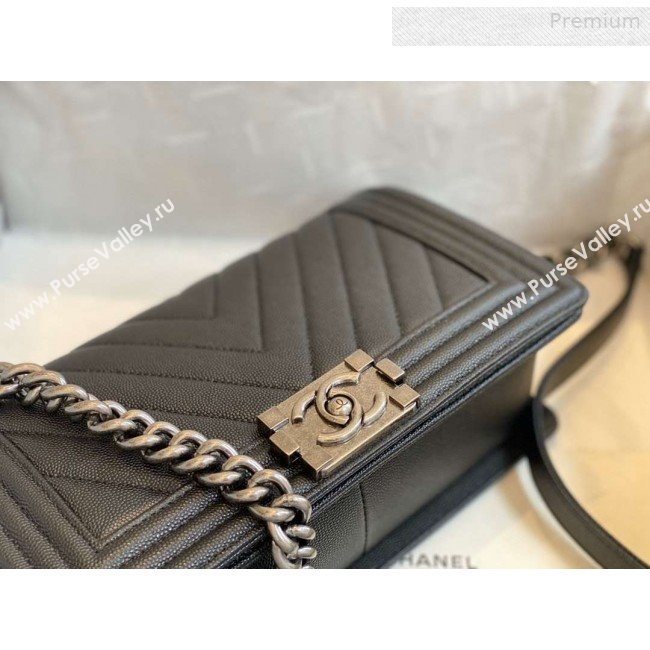 Chanel Chevron Grained Calfskin Medium Boy Flap Bag A67086 Black/Vintage Silver 2019 (SMJD-0010214)