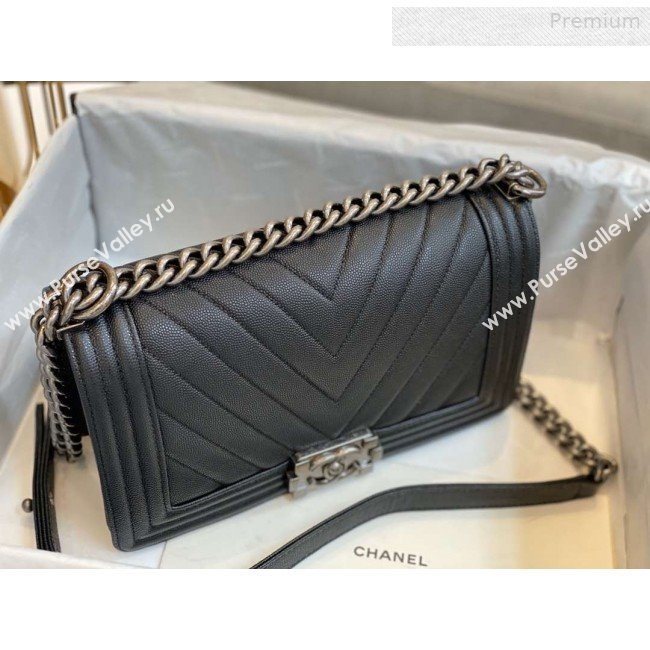 Chanel Chevron Grained Calfskin Medium Boy Flap Bag A67086 Black/Vintage Silver 2019 (SMJD-0010214)