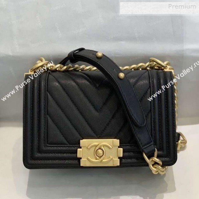 Chanel Chevron Grained Calfskin Small Boy Flap Bag A67085 Black/Bright Gold 2019 (SMJD-0010211)